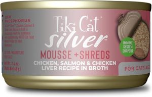 Best High Calorie Cat Food for 2025 2 Tiki Cat Silver Chicken, Salmon, and Chicken Liver Mousse and Shreds - 6 oz. Can (Pack of 8)